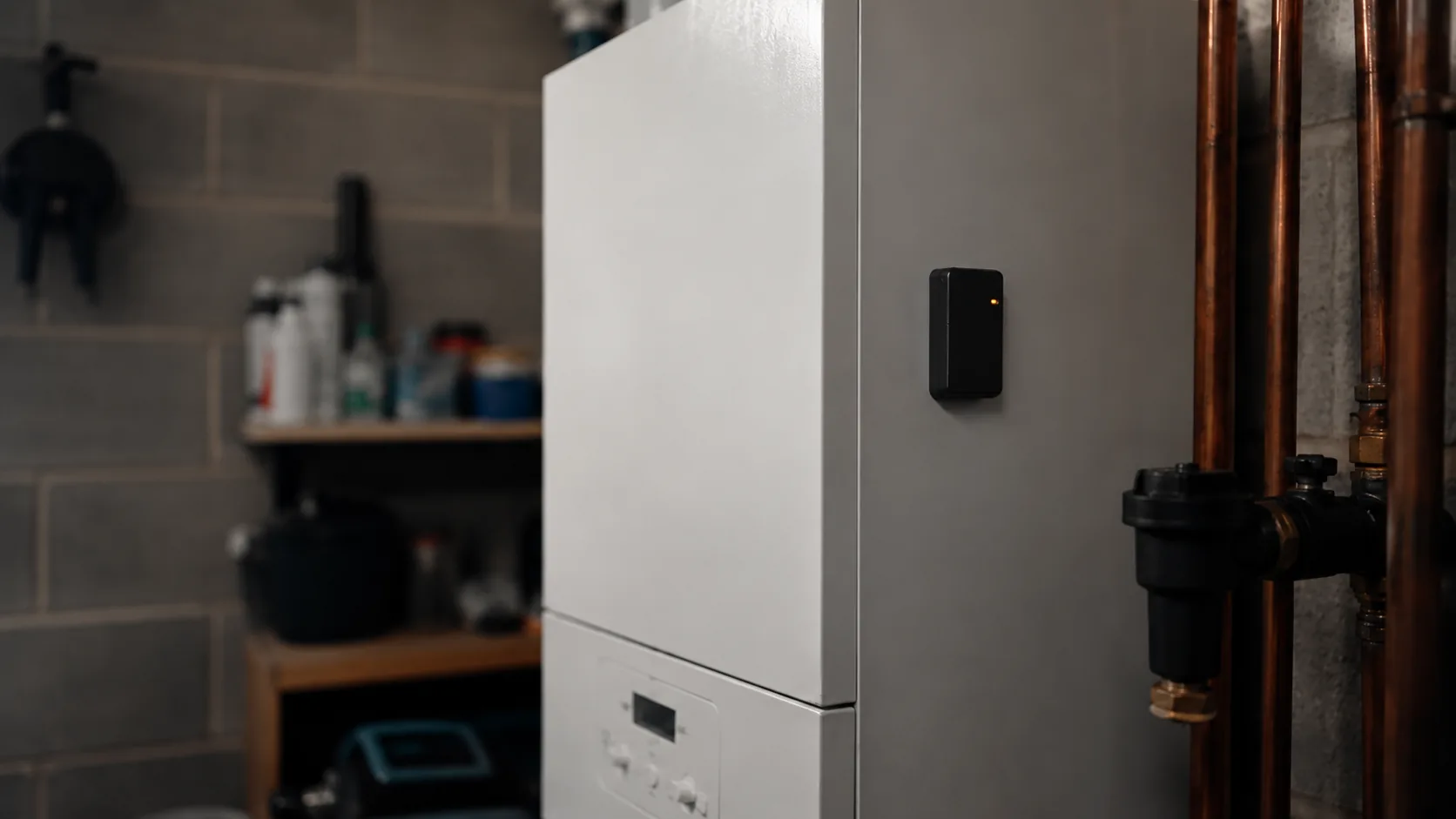 The Boiler Beacon device adhered to the casing of a domestic boiler