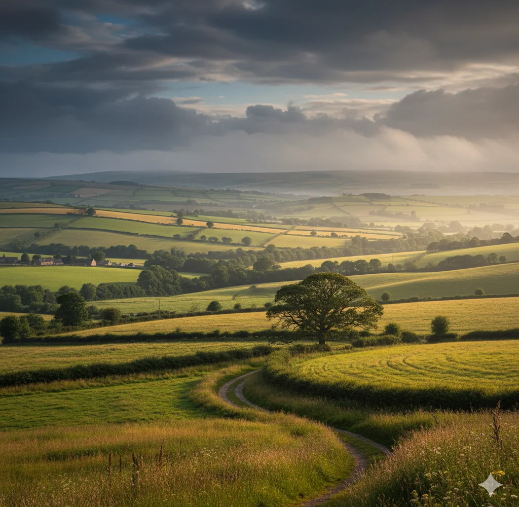 Evening light over the fields of the Irvine Valley