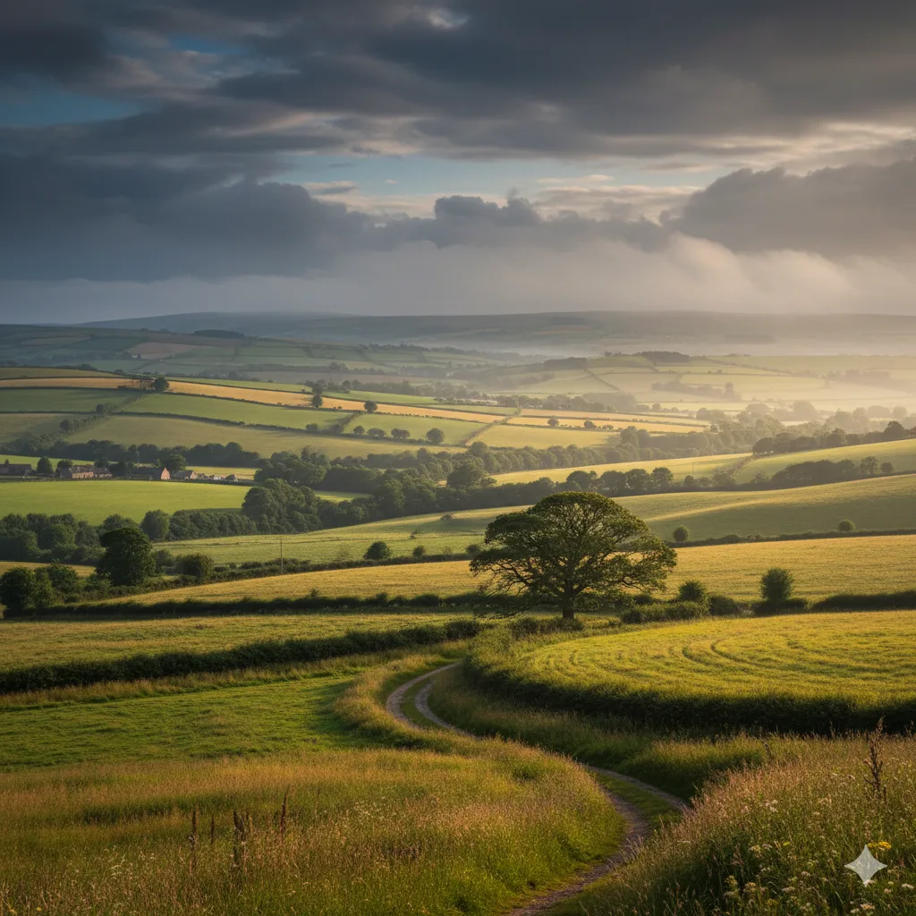 Evening light over the fields of the Irvine Valley