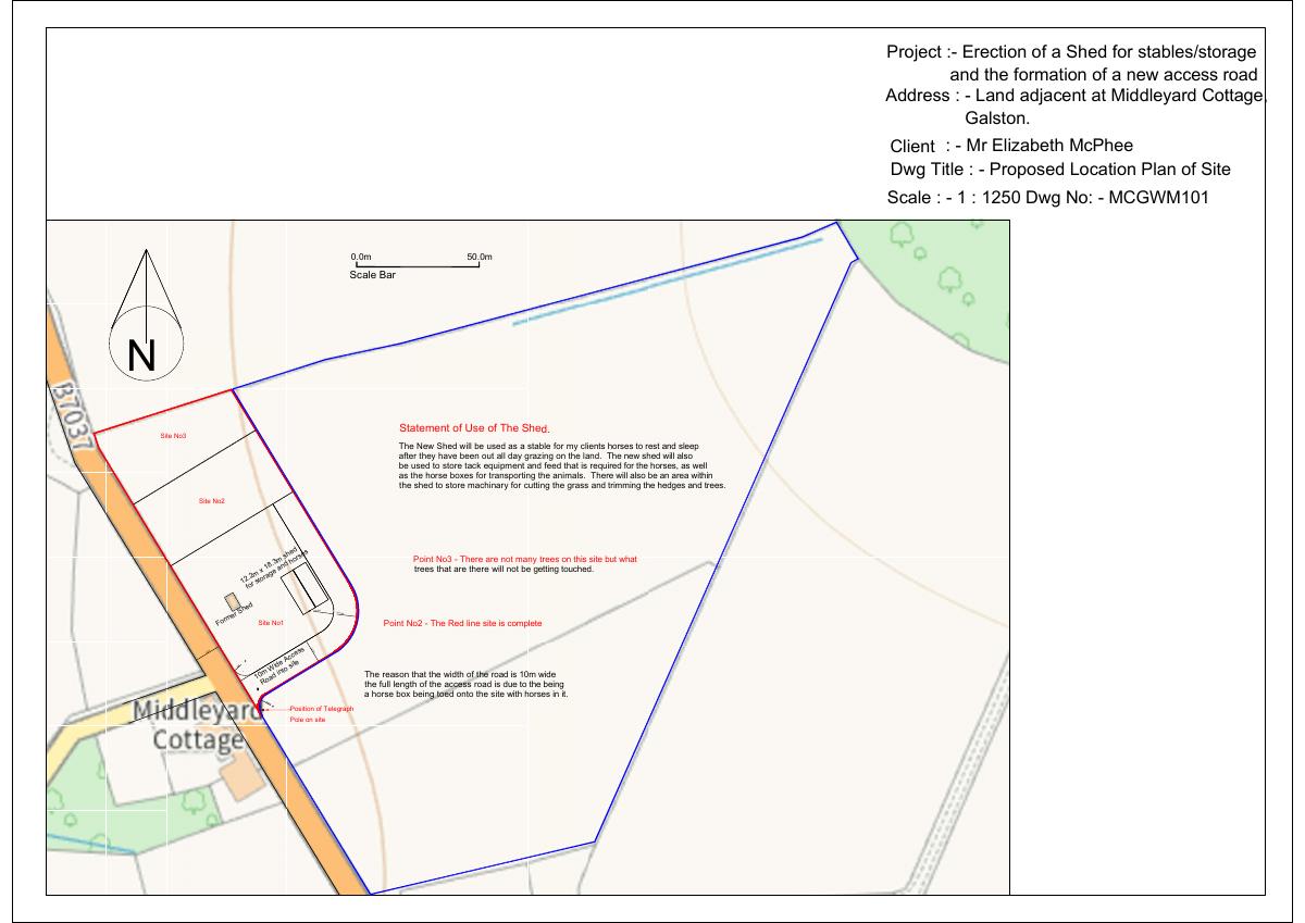 Proposed block plan of site at a scale of 1 to 1250 for Land To North-West Of Middleyard Cottage B7037 From C76 Lawersbridge To U752 Meikle Carleith Galston East Ayrshire KA4 8NN