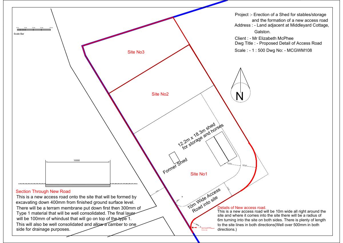 Proposed details of new access road for Land To North-West Of Middleyard Cottage B7037 From C76 Lawersbridge To U752 Meikle Carleith Galston East Ayrshire KA4 8NN