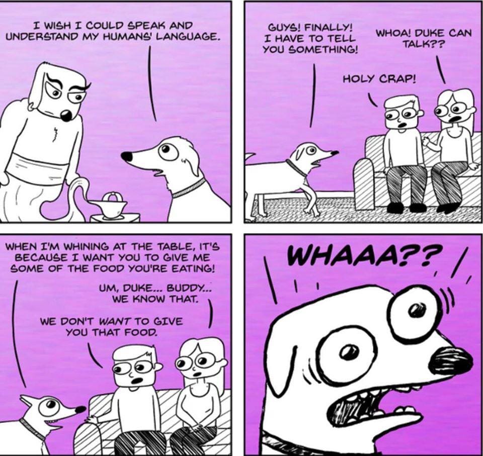 Cartoon in which a dog gains the ability to speak to its owners, only to discover that they already understood what it wanted.